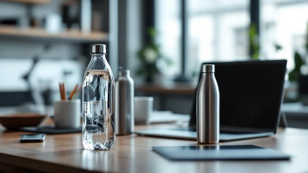 Gourdes réutilisables personnalisées sur bureau professionnel pour communication d'entreprise