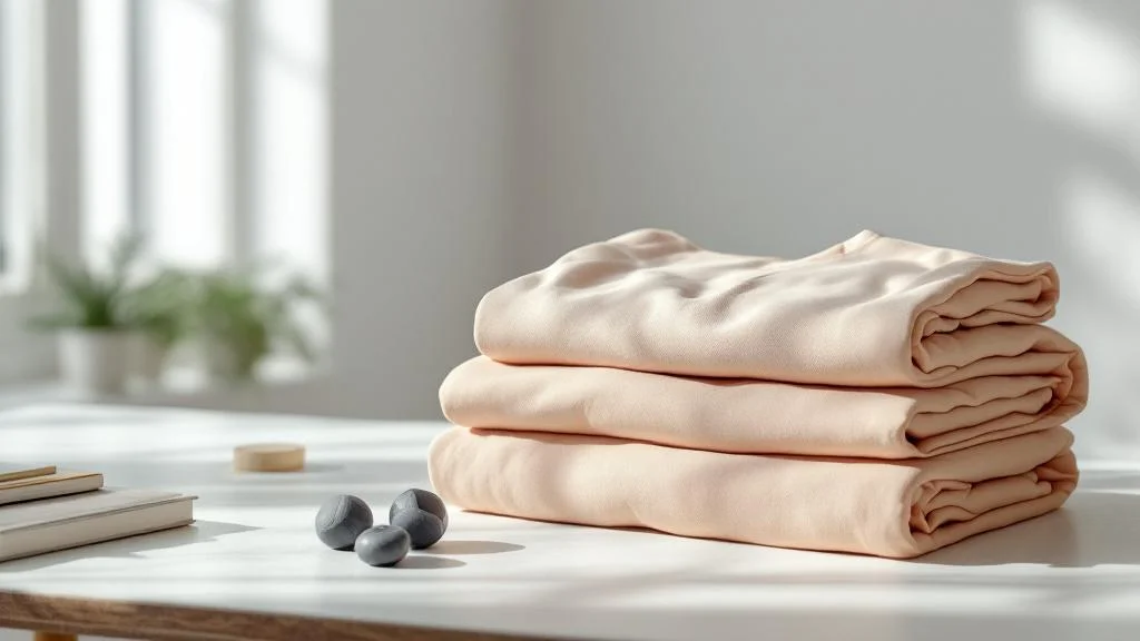 Maillots de sport personnalisés en textile recyclé disposés sur une table moderne avec lumière naturelle