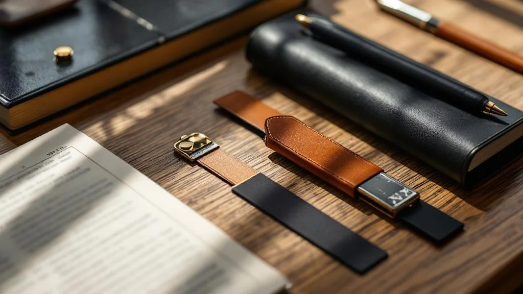 Marque-pages personnalisés en cuir, métal et fibres durables sur bureau moderne avec lumière naturelle