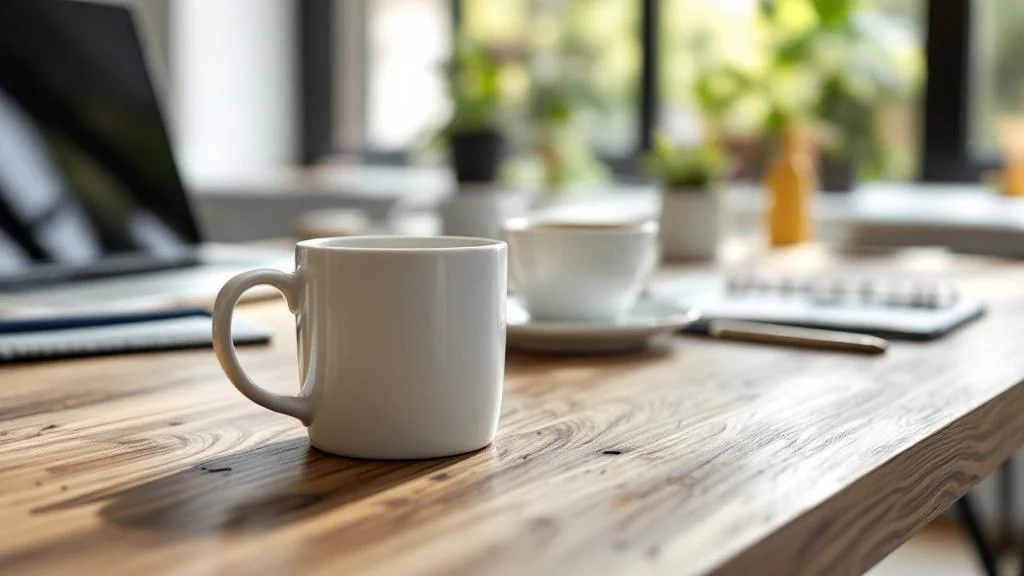 Mugs personnalisés blancs sur bureau professionnel pour communication d'entreprise