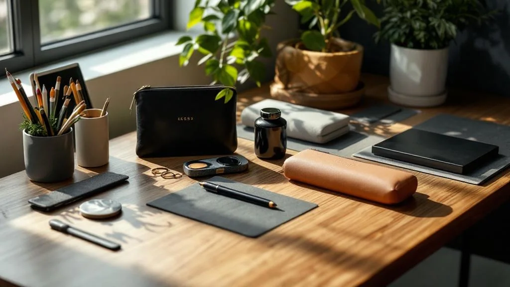 Trousses personnalisées écoresponsables sur bureau professionnel avec marquage premium