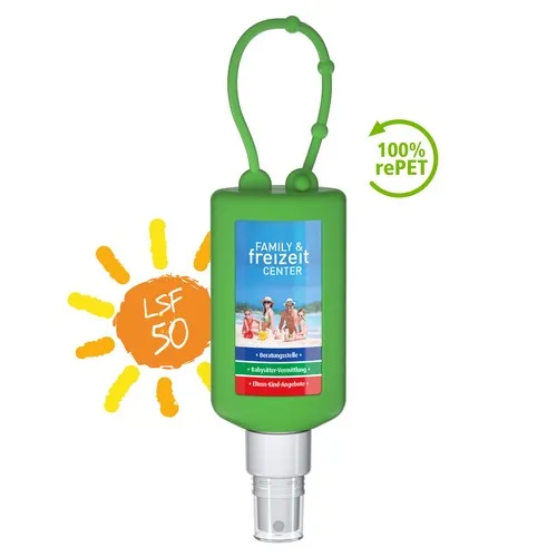 Spray Solaire SPF 50 Personnalisable 50ml avec Mousqueton Vert