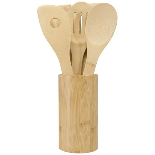 Set 5 Ustensiles de Cuisine en Bambou avec Support Personnalisable
