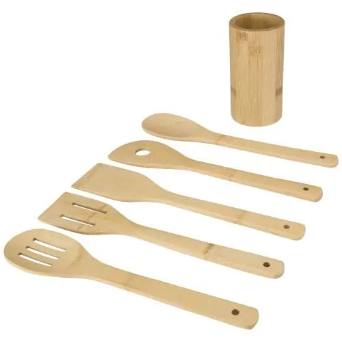 Set 5 Ustensiles de Cuisine en Bambou avec Support Personnalisable