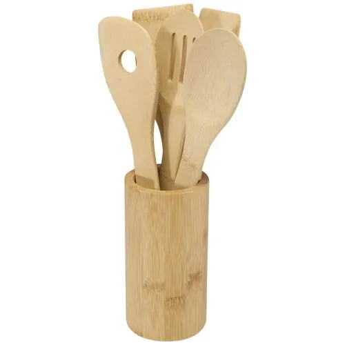 Set 5 Ustensiles de Cuisine en Bambou avec Support Personnalisable