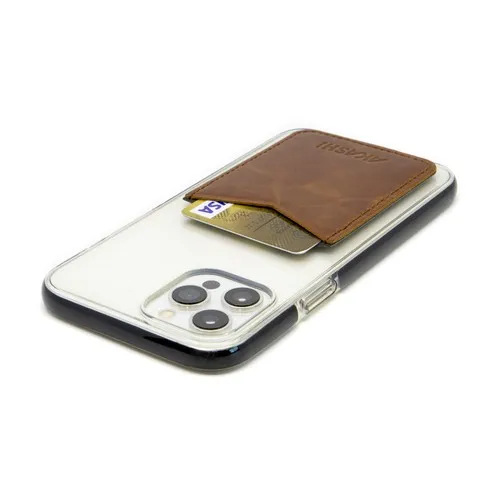 PORTE-CARTE POUR SMARTPHONE AVEC ADHESIF 3M EN CUIR VERITABLE MARRON FONCE - MADE IN EUROPE