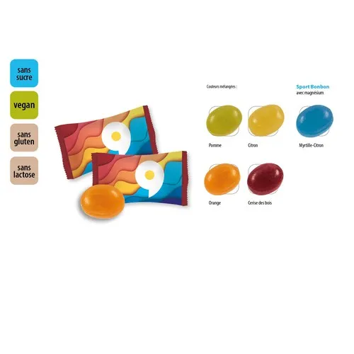 Bonbons sportifs magnésium sans sucre personnalisables en flowpack