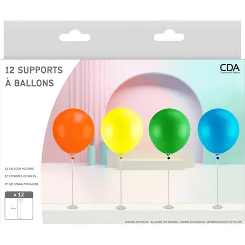 12 tiges à ballons sur pied 43 cm pour ballons avec adhésif