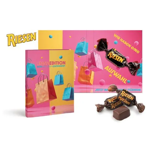 BONBONS CARAMEL CHOCOLAT STORCK RIESEN dans une carte personnalisable pliable