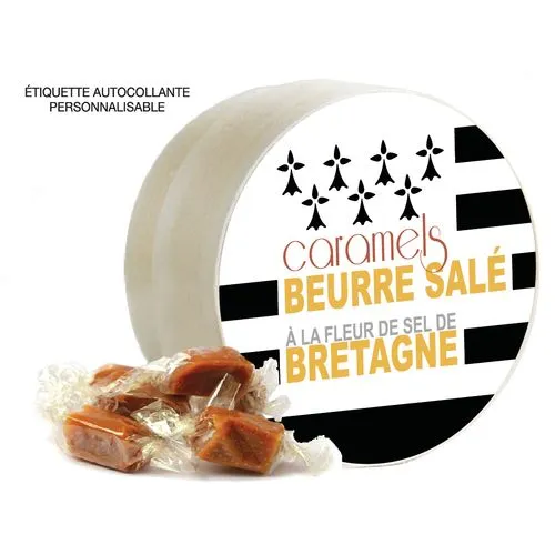 BOÎTE RONDE EN BOIS avec caramels au beurre salé 150 g
