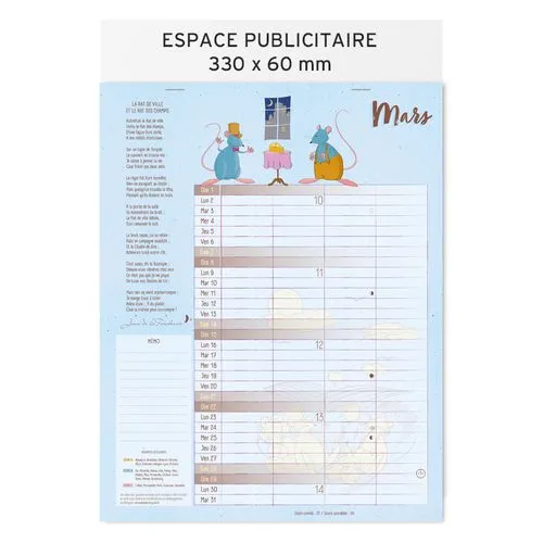 Calendrier mural 2026 Fables de La Fontaine personnalisable - 12 feuillets