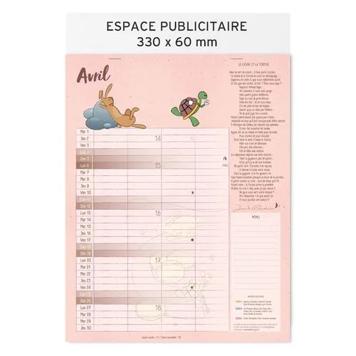 Calendrier mural 2026 Fables de La Fontaine personnalisable - 12 feuillets