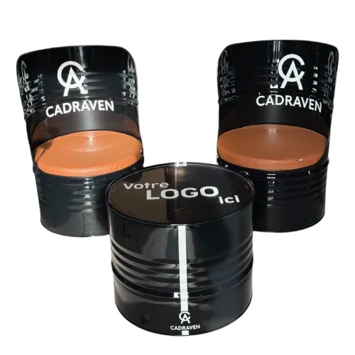 Salon Lounge Industriel Bidon Acier - 2 Fauteuils + Table Basse