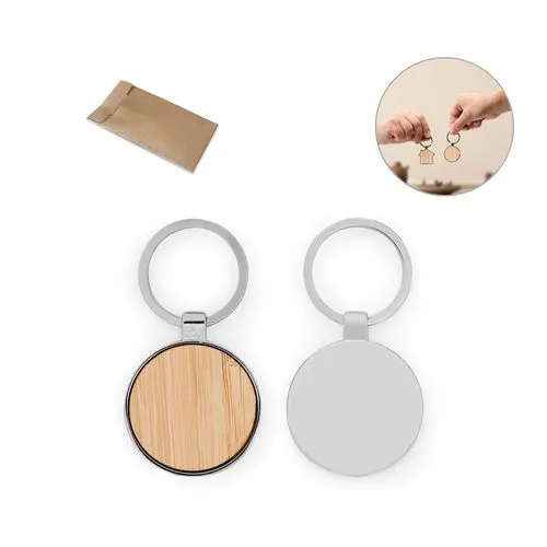 Porte-clés rond bambou et zinc personnalisable - Éco-responsable