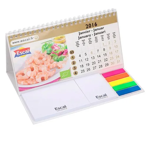 Calendrier de bureau spiralé avec bloc-notes et marque-pages personnalisé