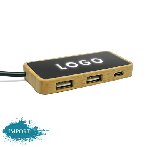 Hub USB Bambou Personnalisable - 3 Ports avec Logo LED