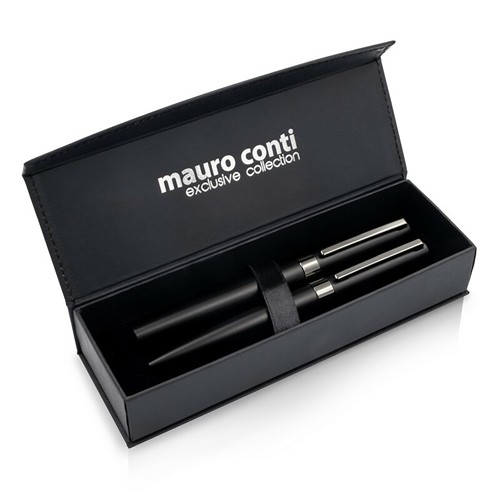 Set d'écriture métal noir - Stylo bille et roller personnalisable