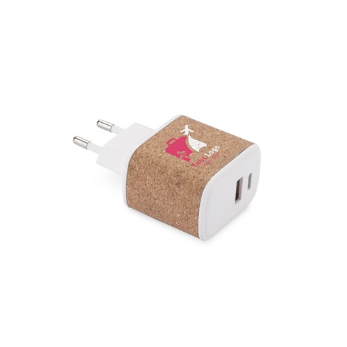 Chargeur secteur double port USB-A et Type-C 20W finition liège