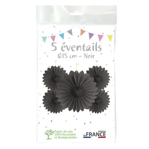 5 Eventails alvéolés noir 15cm