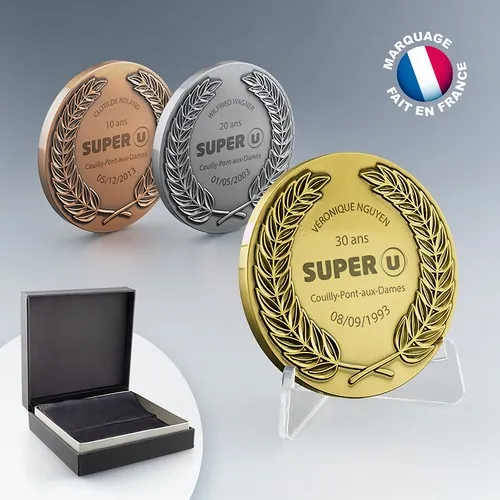 Médaille Lauriers Personnalisable Or/Argent/Bronze avec Coffret