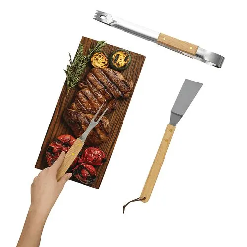 Set 3 Ustensiles Barbecue Personnalisables Acier & Bois