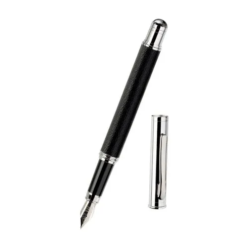 Stylo plume cuir noir / chromé