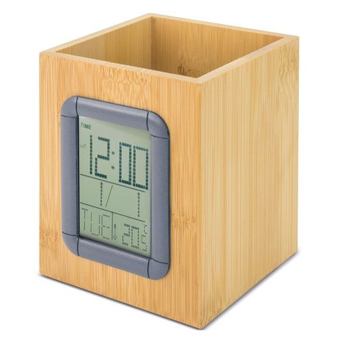 Pot à Crayons Horloge en Bambou Personnalisable - Bureau Écologique