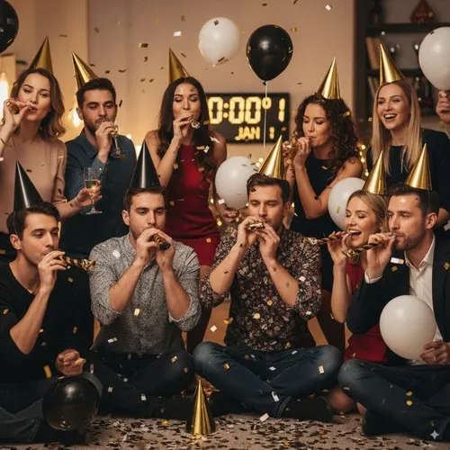 Set Cotillons Or et Noir pour 10 Personnes - Personnalisable