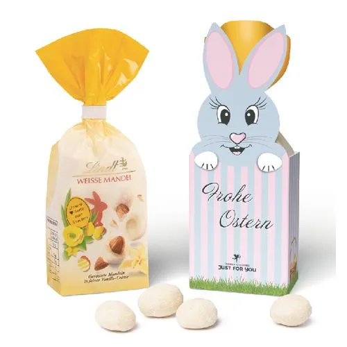 AMANDES ENROBÉES DE CHOCOLAT LINDT dans un carton de Lapin de Pâques personnalisable