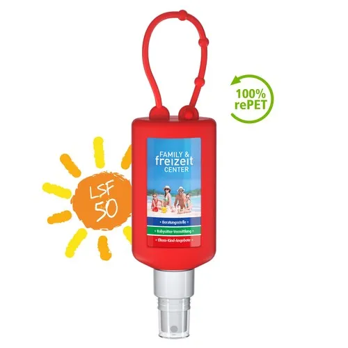 Spray Solaire SPF 50 Personnalisé 50ml avec Mousqueton - R-PET