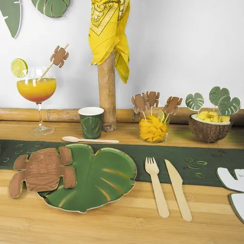 Assiettes Jetables Feuille Tropicale 23cm - Lot de 8 avec Galon Or