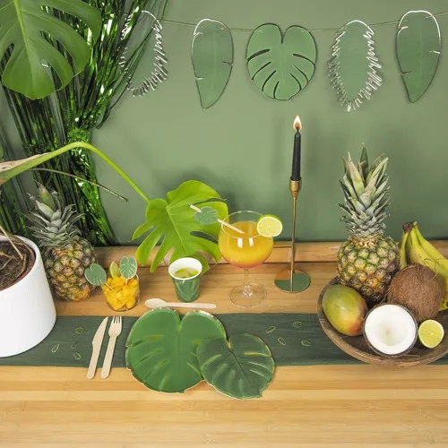 Assiettes Jetables Feuille Tropicale 23cm - Lot de 8 avec Galon Or