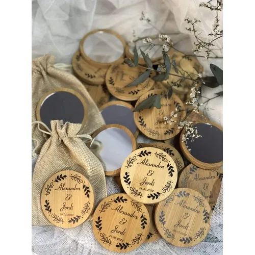 Miroir de poche en bambou personnalisé avec pochette de protection