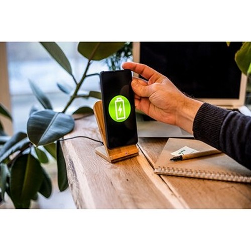 Chargeur sans fil bambou 10W avec support téléphone personnalisable