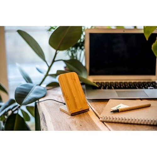 Chargeur sans fil bambou 10W avec support téléphone personnalisable