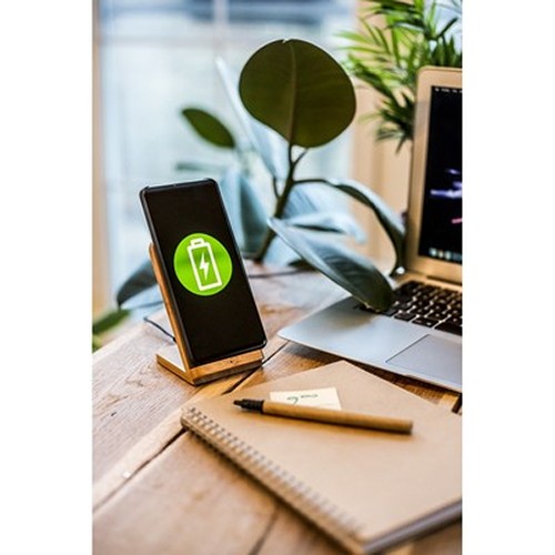 Chargeur sans fil bambou 10W avec support téléphone personnalisable