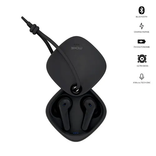 Oreillette bluetooth stéréo Moxie Minitwin avec boitier coulissant - blanc