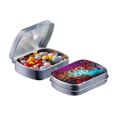 Mini boîte à charnière argentée avec bonbons personnalisable