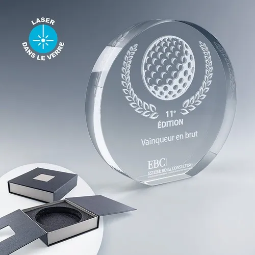 Trophée Rond en Verre Optique Personnalisable - Coffret Cadeau