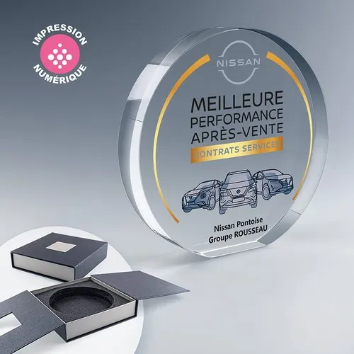 Trophée Rond en Verre Optique Personnalisable - Coffret Cadeau