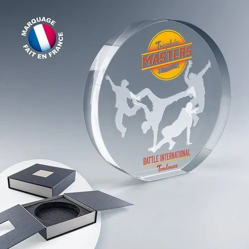 Trophée Rond en Verre Optique Personnalisable - Coffret Cadeau