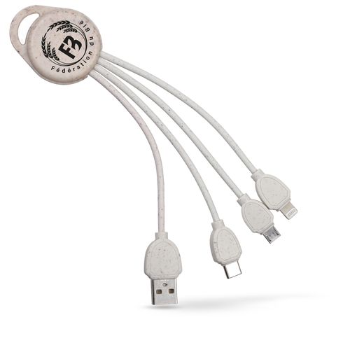 Câble USB 3 en 1 Écologique en Paille de Blé Personnalisable