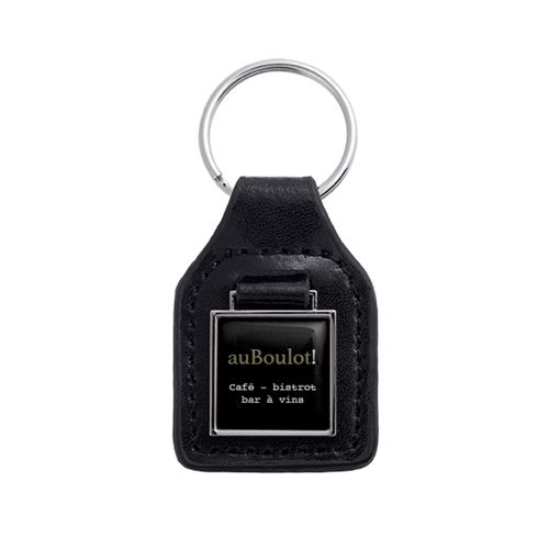 Porte-clés Carré Similicuir Noir avec Plaque Métal Personnalisable