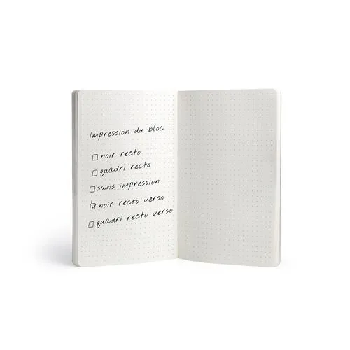 NOTEBOOK DOS CARRE COLLE - MIDI 150 x 210 mm - COUVERTURE 380g SATIMAT AVEC PELLICULAGE BRILLANT PAGES 1 ET 4 - BLOC INTERIEUR DE 96 PAGES 80g OFFSET SANS IMPRESSION - COINS DROITS