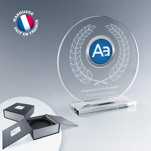 Trophée Rond en Verre sur Socle avec Personnalisation - Coffret Cadeau