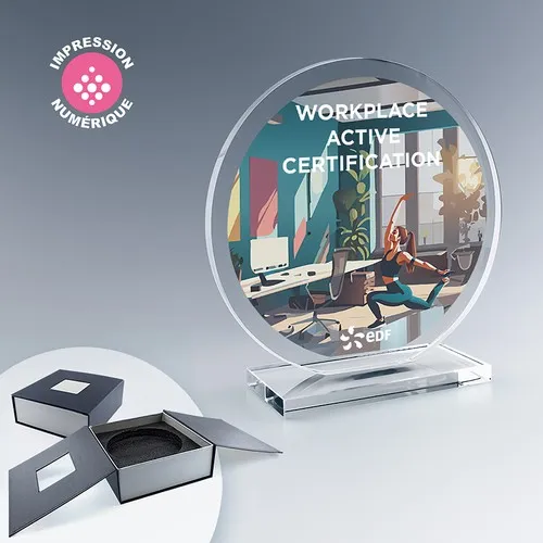 Trophée Rond en Verre sur Socle avec Personnalisation - Coffret Cadeau