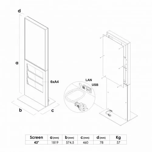 Totem Digital 43" avec Porte-Brochures 6xA4 - Écran Blanc