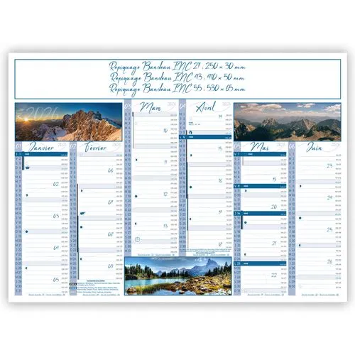 Calendrier bancaire Montagnes 2026 personnalisable - 3 formats