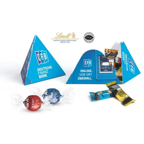 BOÎTE PYRAMIDALE avec truffes au chocolat Lindt Lindor ou Mini Sticks HELLO