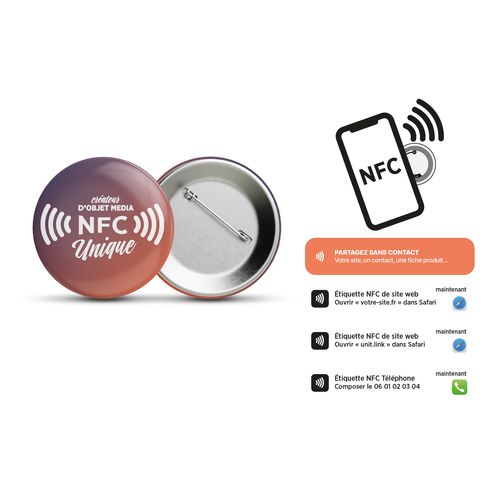 Badge Bouton Métal avec Puce NFC - Personnalisable Quadri